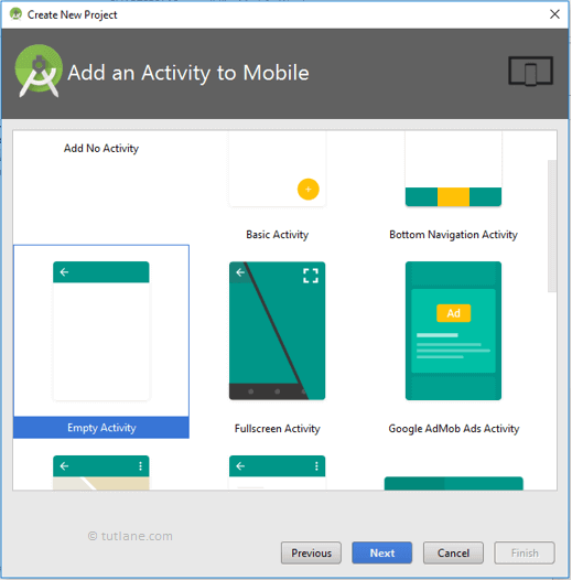 Android Hello World App - Select Empty Activity to Create New Project
