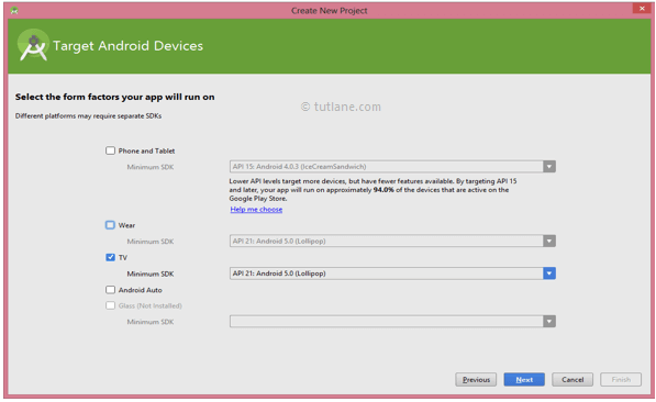 Android Studio Hello World App - Select TV Target Android Device to Create New Project