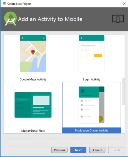 Android Select Navigation Drawer Activity to Create Navigation Drawer App