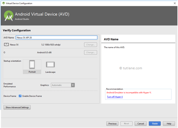 Android Setup Emulator - Select Virtual Device Configuration Details
