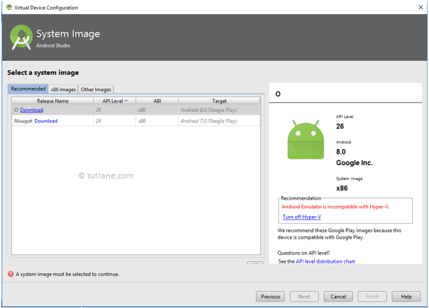Android Setup Emulator - Select System Image to Install AVD