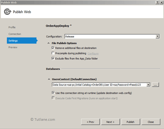 After configuring database connection string in publish web dialog