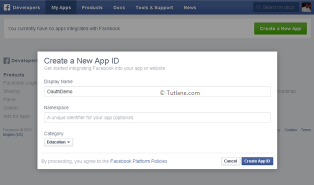 Give details required to create new app in facebook