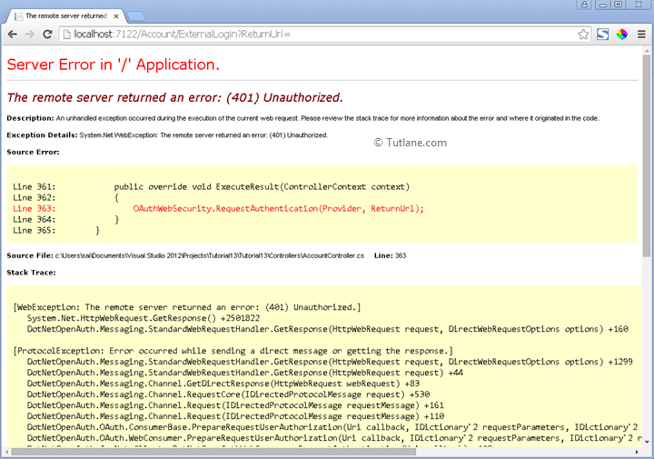 Get error while redirecting to twitter login page in asp.net mvc application