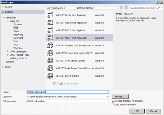 select asp.net mvc 4 web application from templates section