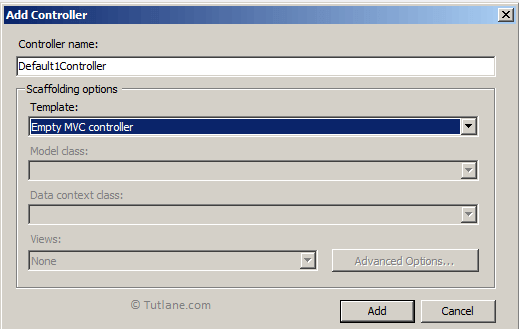 Give name to controller and select empty mvc controller template