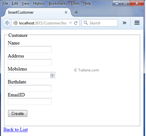 insert customer details page in asp.net mvc application