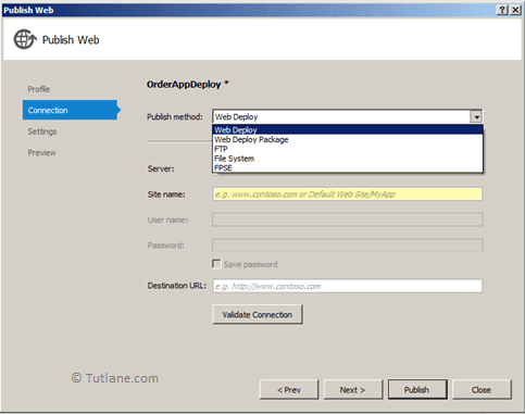Select Web Deploy Options from Publish method in Visual Studio