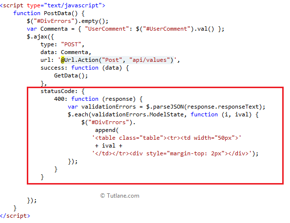 Displaying code snippet which display error by receiving response in asp.net mvc web api