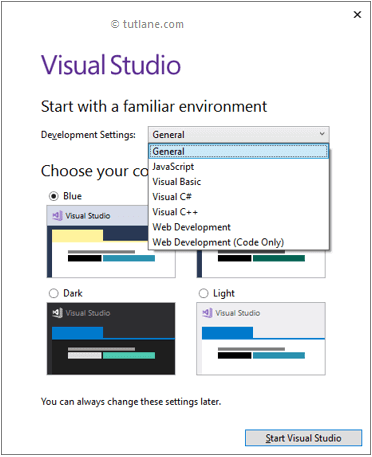 Start Visual Studio with Default options to Create C# Programs