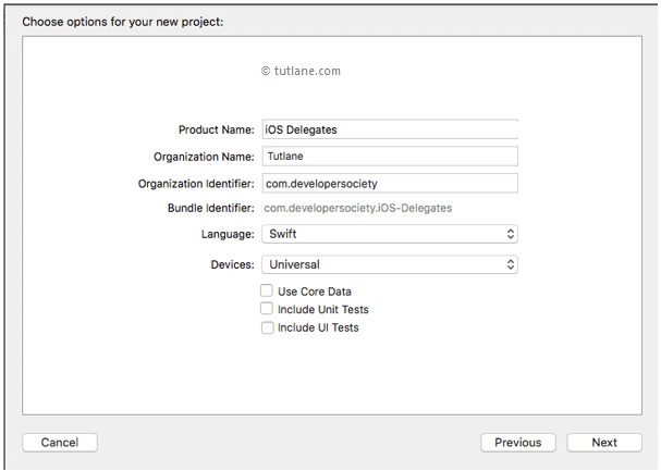 Enter Details to Create iOS Delegates Application in Xcode