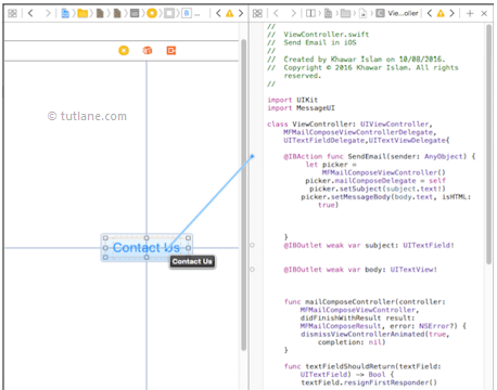 ios send email app map controls to viewcontroller.swift file in xcode
