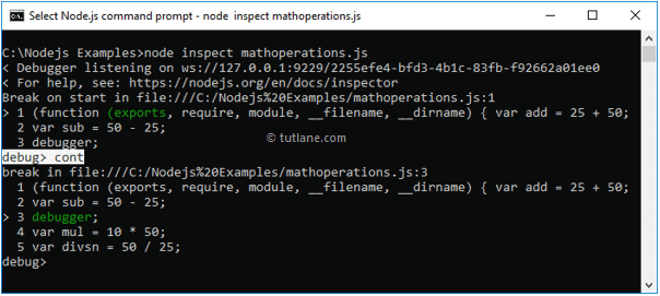 Node.js debug application with cont line command