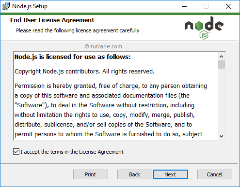 Node.js Installation - Accept Terms and Conditions