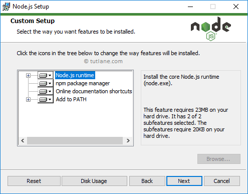 Node.js installation - Select node.js features to install
