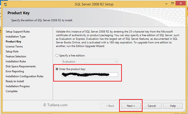 Enter product key to install sql server