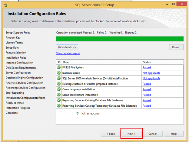 Installation Configuration Rules test Results to Install SQL Server