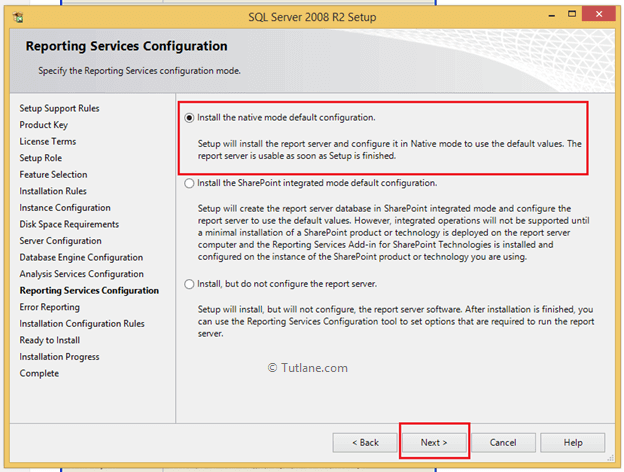 select install the native mode default option to install sql server